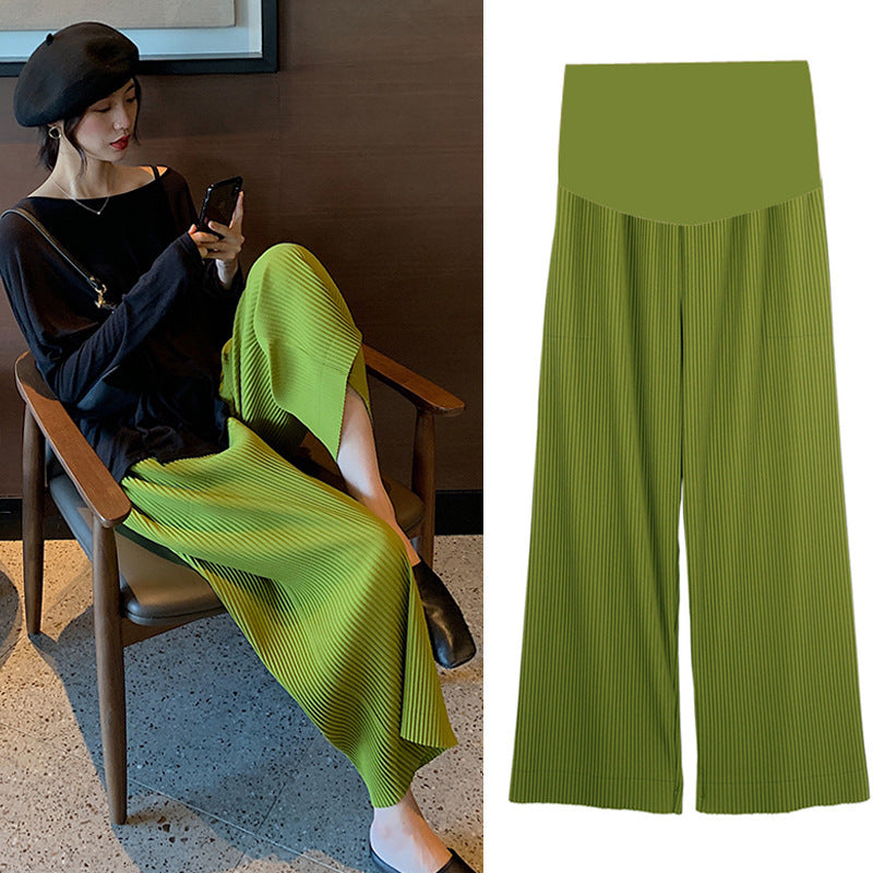 Womens Pleated Maternity High Waist Nylon Wide Leg Pants