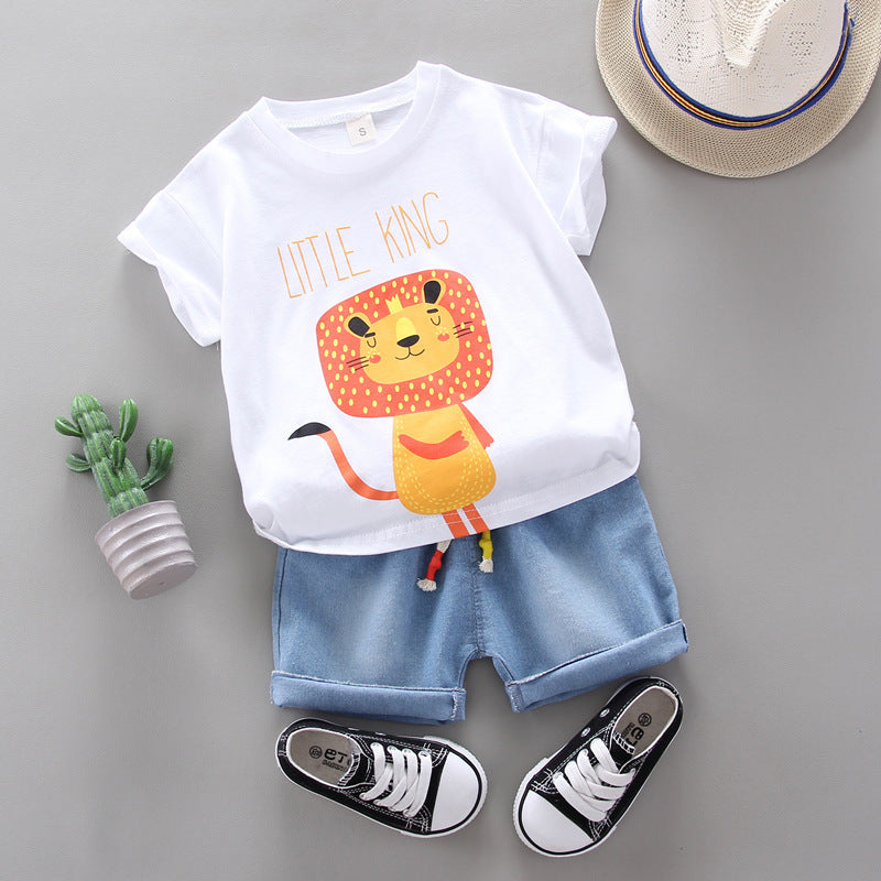 Boy Cartoon Lion Print Round Neck Short Sleeve T-Shirt Set