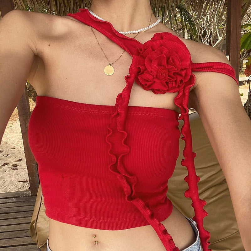 European And American Style Niche Casual Cropped Tank Top Elegant Three-dimensional Flower Knitted Top For Women
