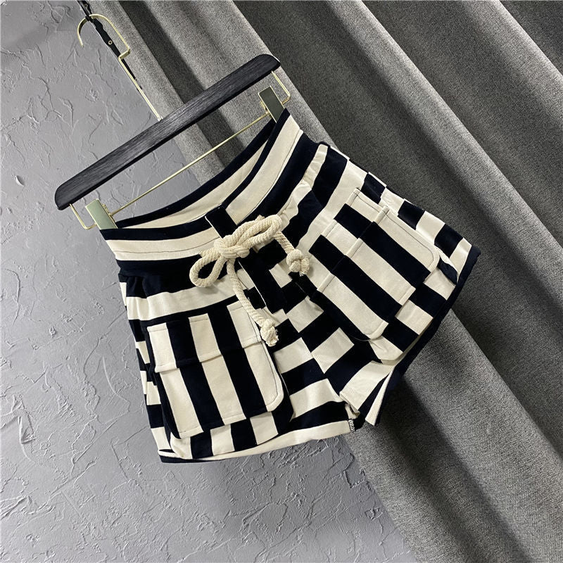 Women’s Striped Cargo Shorts – Casual Hot Pants, High-Waist with Utility Pockets