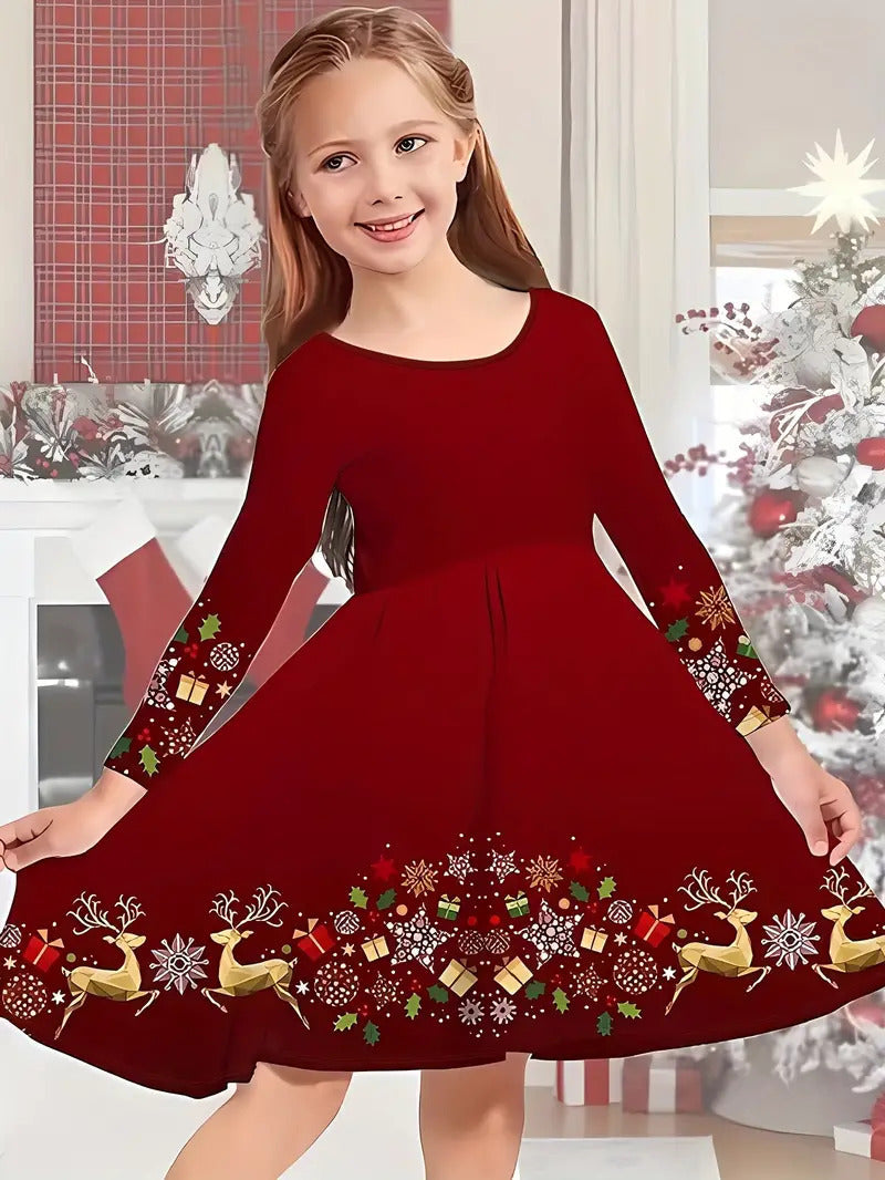 Girl's Long-sleeved Dress Christmas Deer