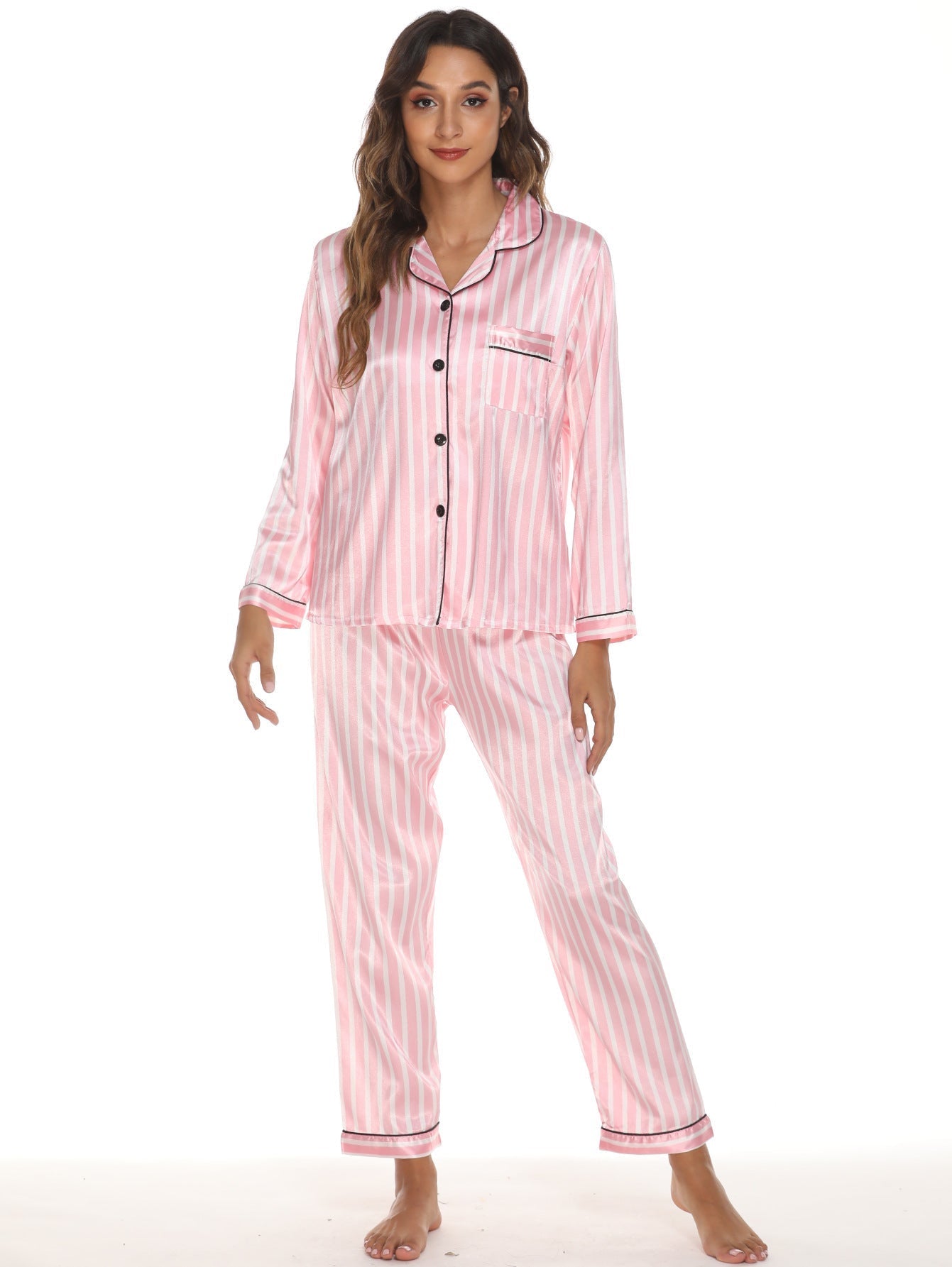 Women's Satin Pajama Set Two Piece With Lapel V Neck