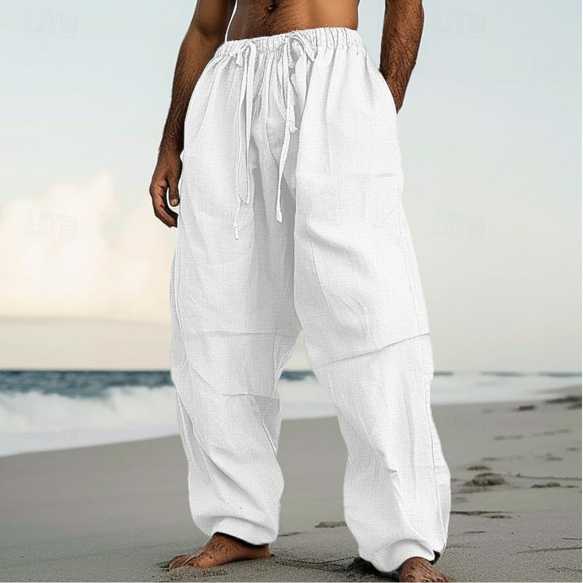 Men’s Beach Straight-Leg Pants – Plain Color Comfortable Daily Wear