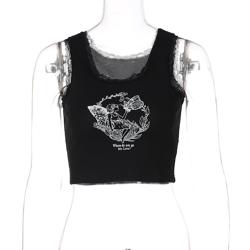 Printed Camisole Versatile Slim Fit Crop T-Shirt