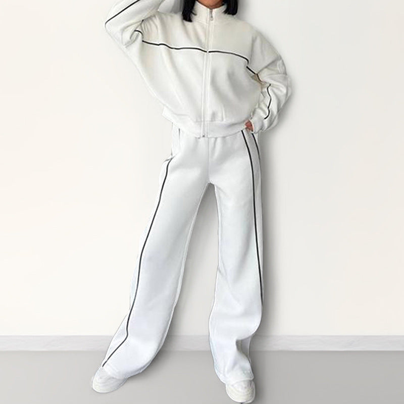 Unisex Striped Polyester Mock Neck Hoodie Suit With Trousers