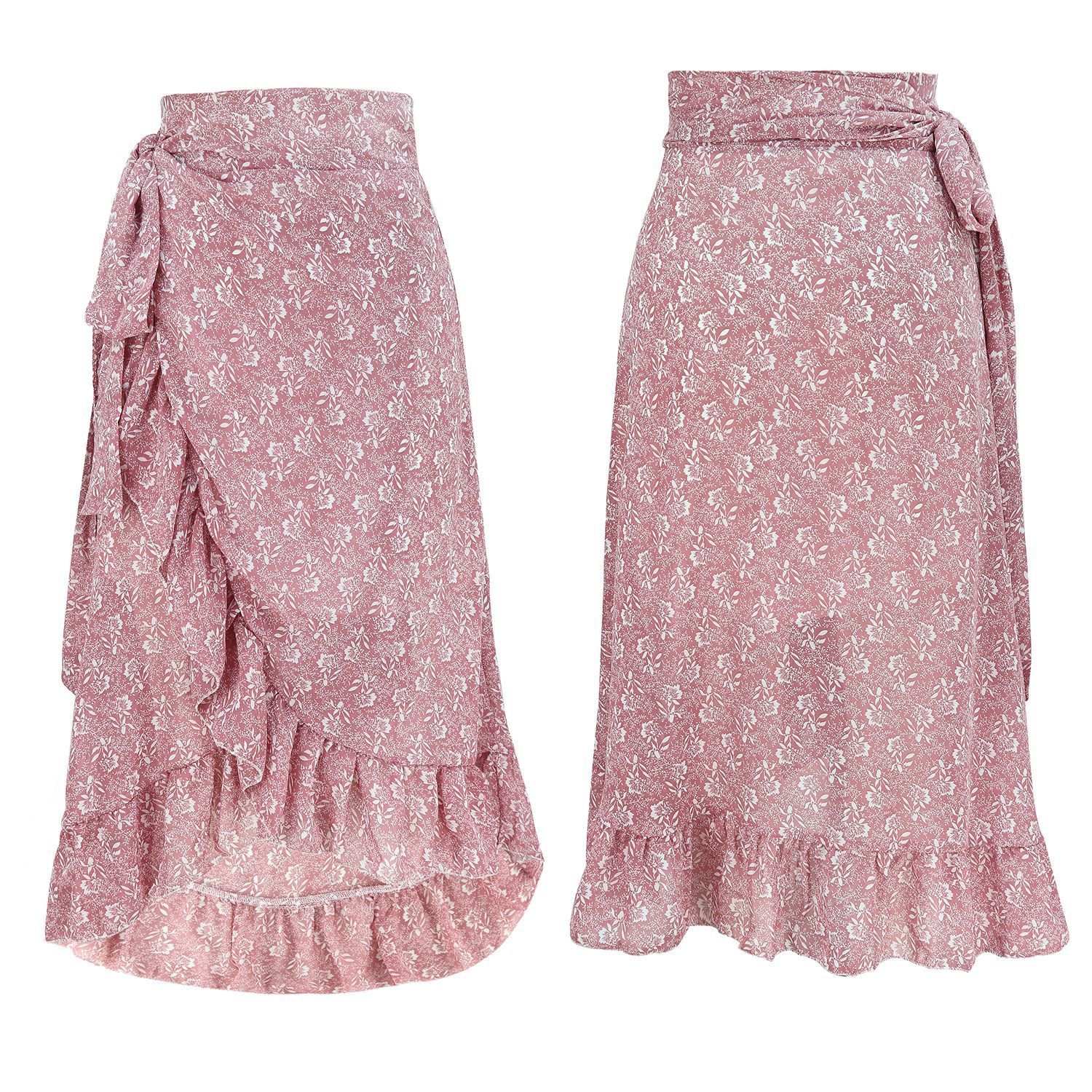 Bohemian Floral Chiffon Irregular Midi Skirt – Lace Print with Silk Lining