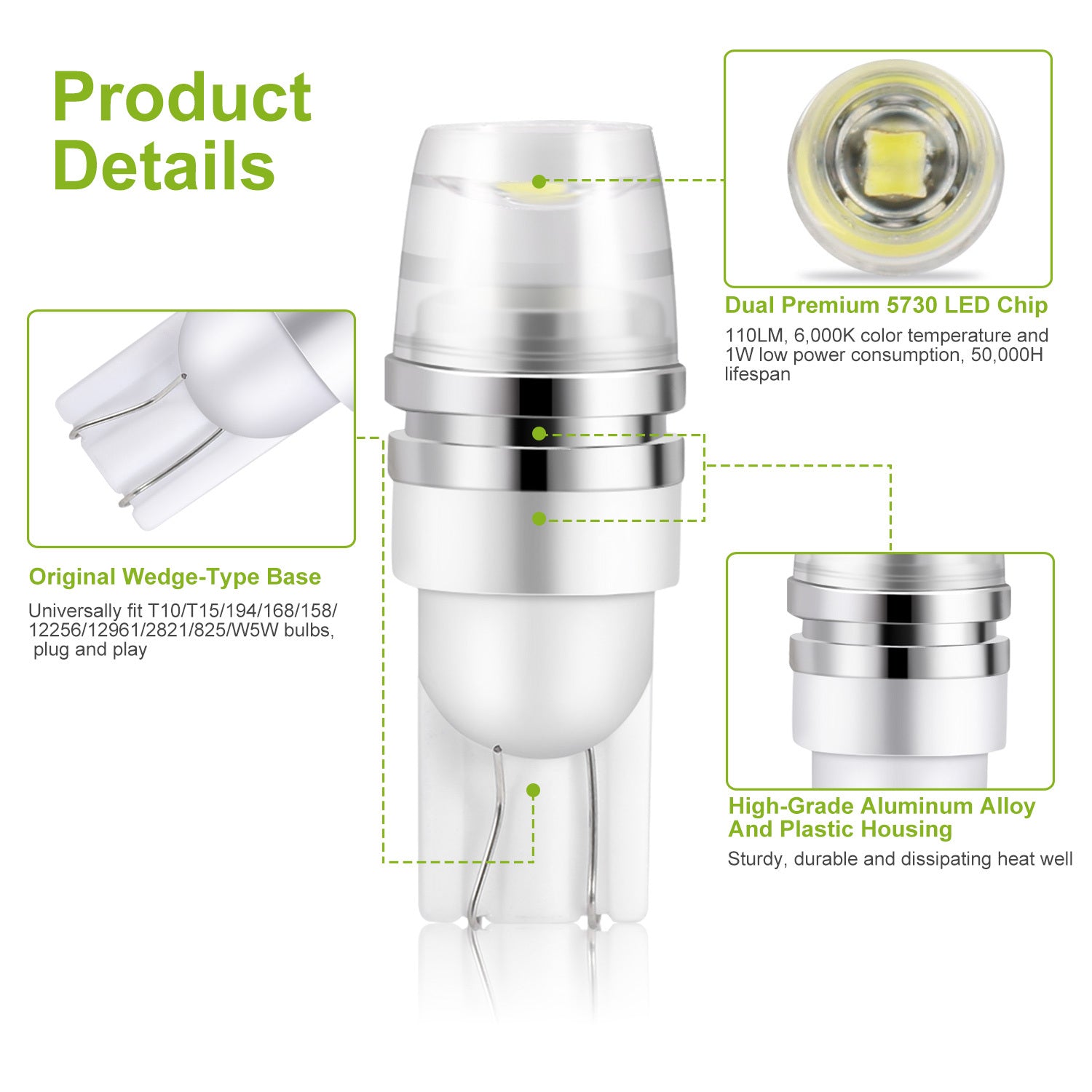 10PCS T10 LED Bulbs, 194 12V 1W 5730 Xenon White Wedge Base Replacement Lights for License Plate, Parking, and Interior Use