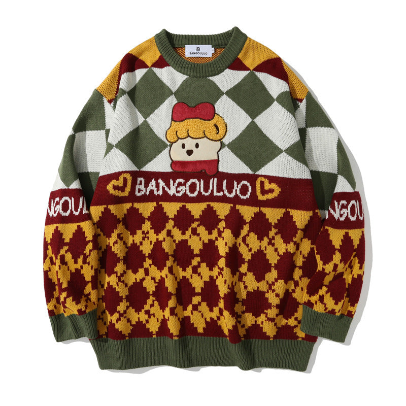 Bear Knitted Crew Neck Pullover Lazy Sweater Women