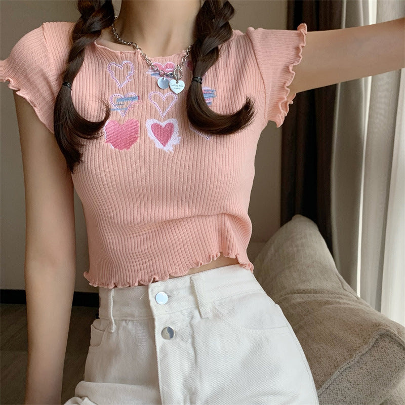Sweet And Spicy Knitted Short Sleeve T-shirt Tight Top Women