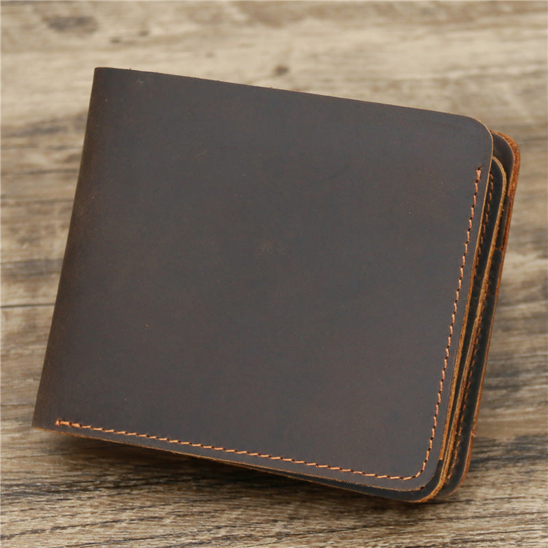 Mens Retro Crazy Horse Leather Tri Fold Wallet Cowhide