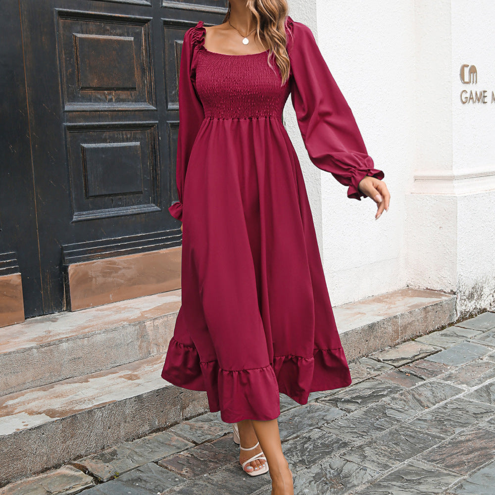 Flared Sleeve Casual Ruffled Square Collar Elastic Waist Large Swing Spring Dress