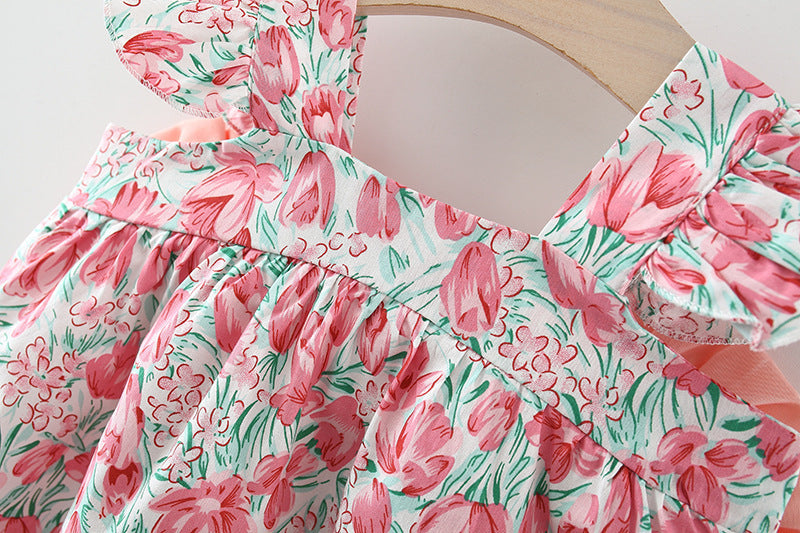 Girls' Dress Suspenders Flounced Sleeve Printing