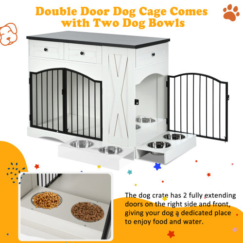 GO 43.3 Farmhouse Dog Crate Furniture, Heavy Duty Dog Crate With 3 Drawers, Indoor Wooden Dog Kennel With Removable Feeder, Dog Cage End Table For Medium Large Dogs, White