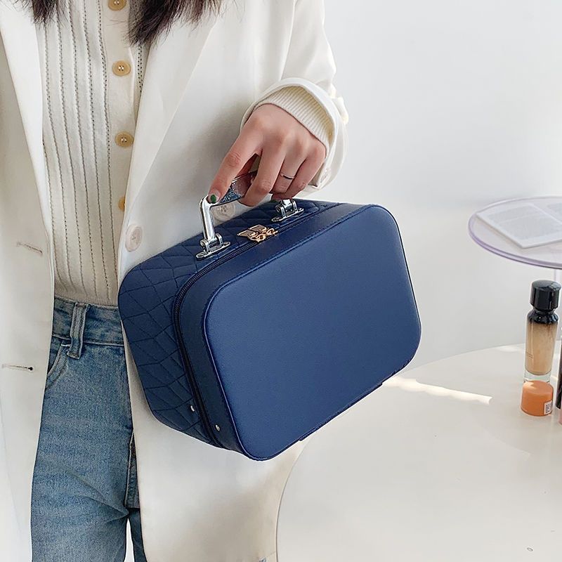 Cosmetic Bag with Mirror – Rhombus Embroidery Double-Layer Storage Caseesign Fashion Rhombus-Embroidery Double-layer Suitcase Large Capacity Make-up Storage Bags For Women