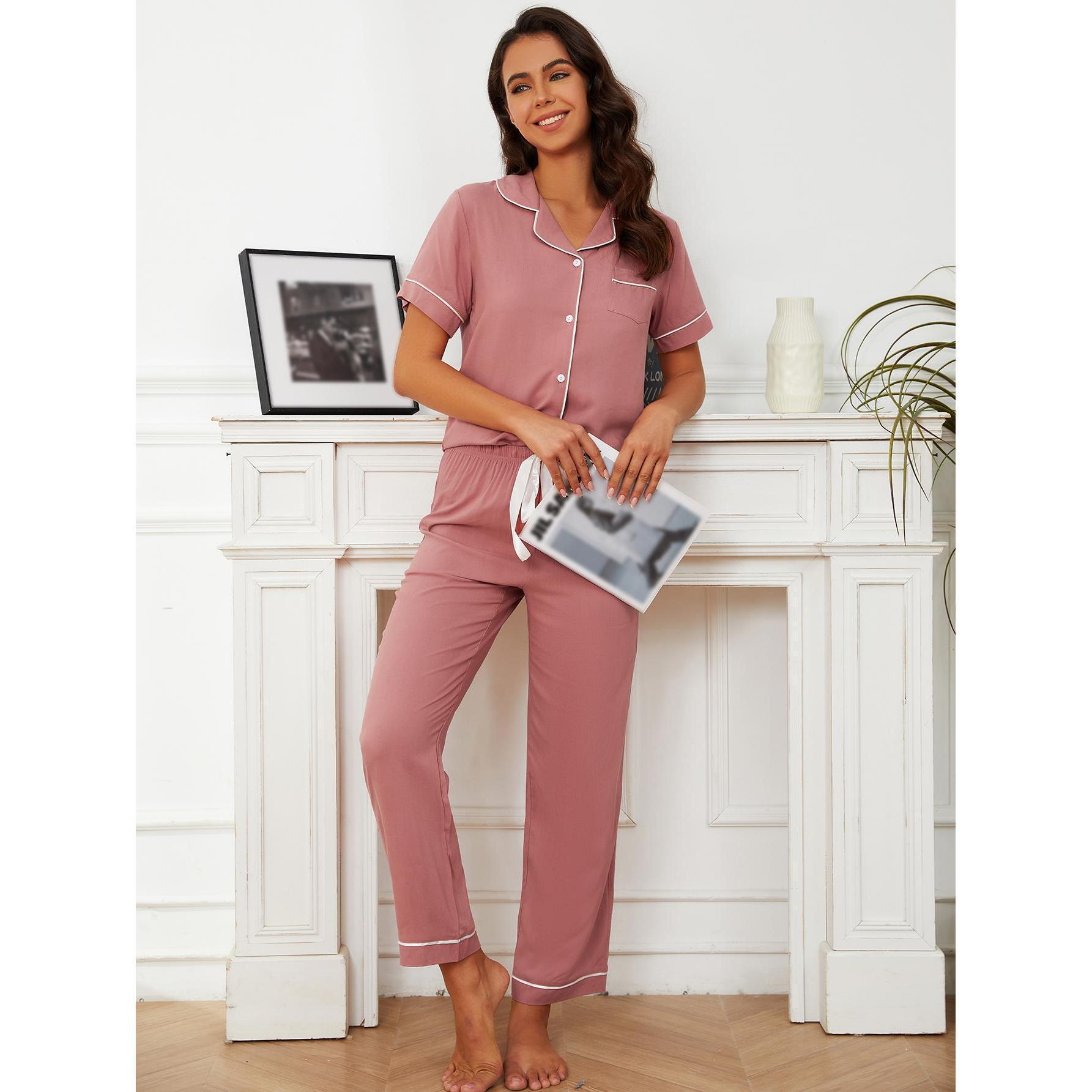 Womens Short Sleeve Rayon Pajama Set Two Piece Relaxed Fit