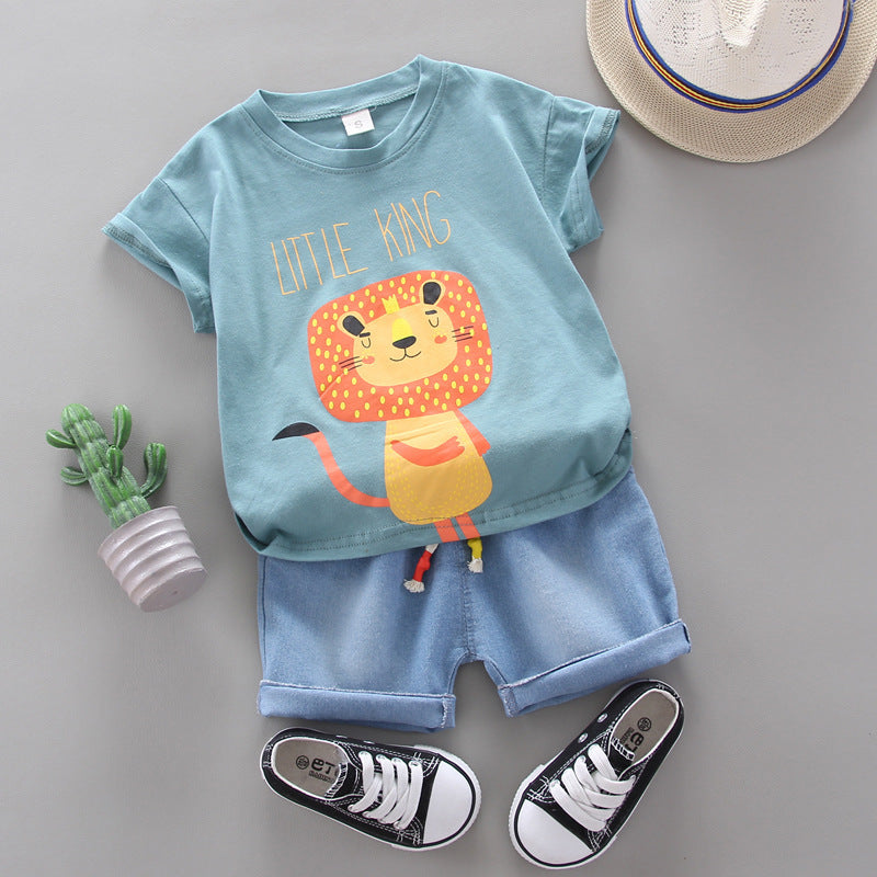 Boy Cartoon Lion Print Round Neck Short Sleeve T-Shirt Set