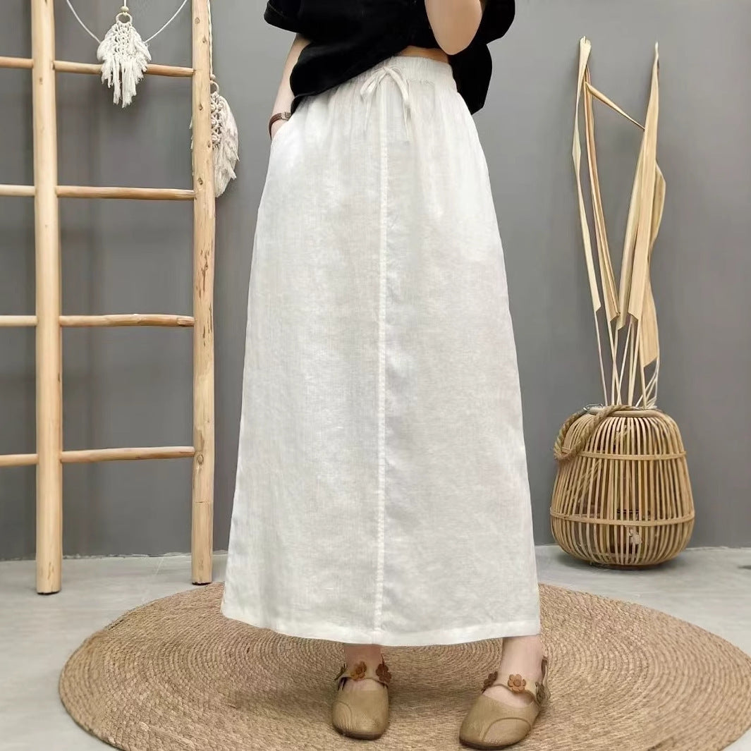 Women’s Linen Long Skirt – Solid Color Elastic Waist Maxi Skirt