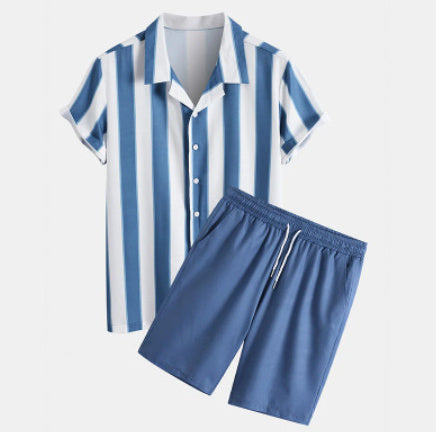 Men's Striped Beach Short Sleeved Shorts Set
