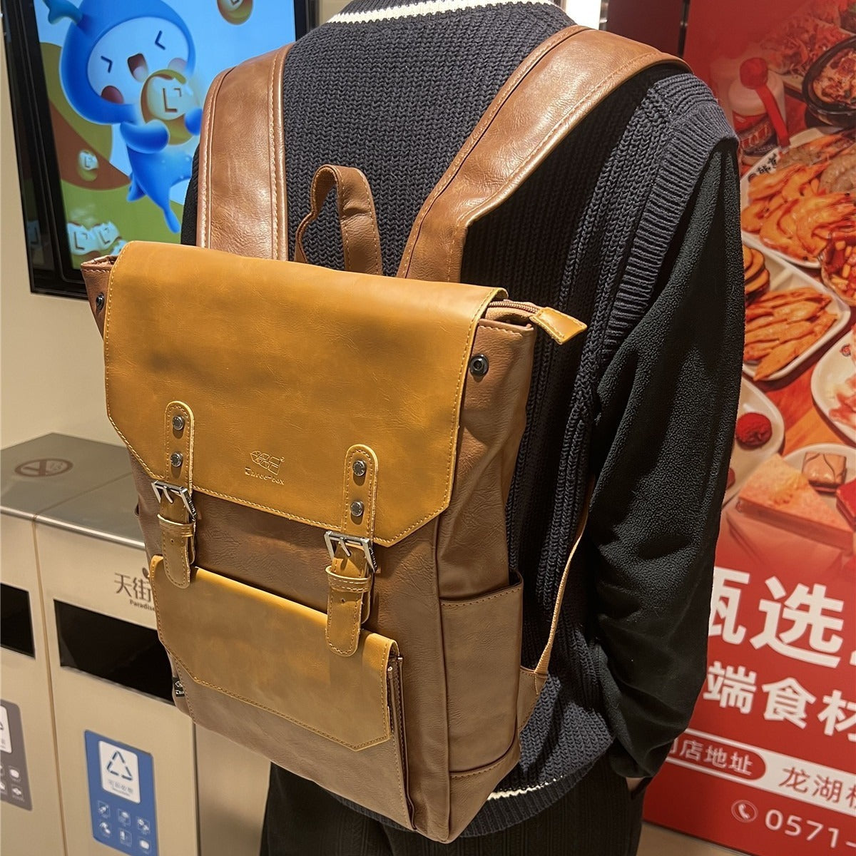 Unisex PU Solid Color College Backpack Large Capacity