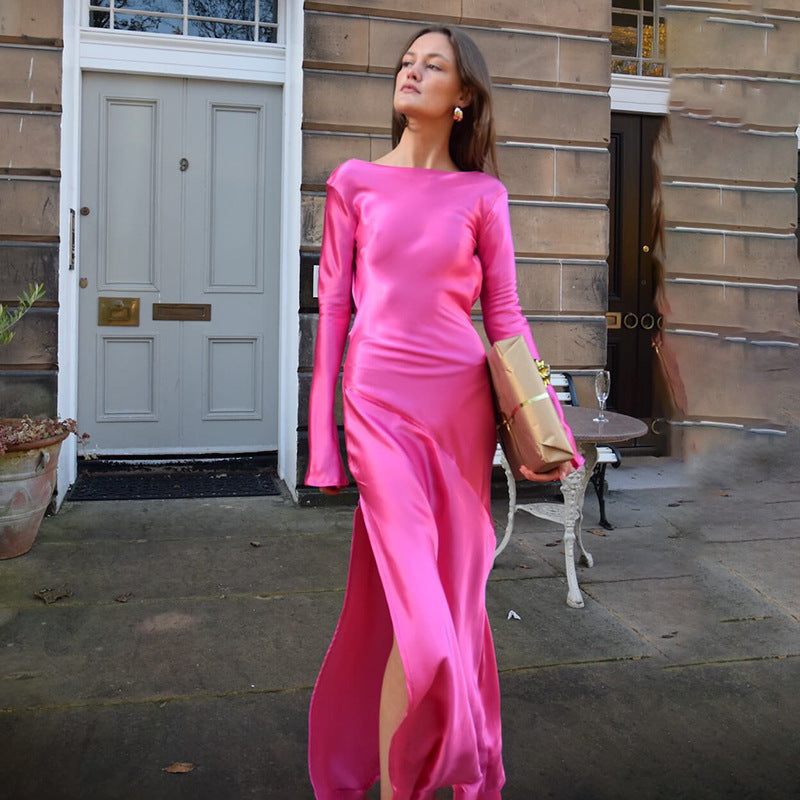 Trendy Long-sleeve Stitching Satin Formal Dress