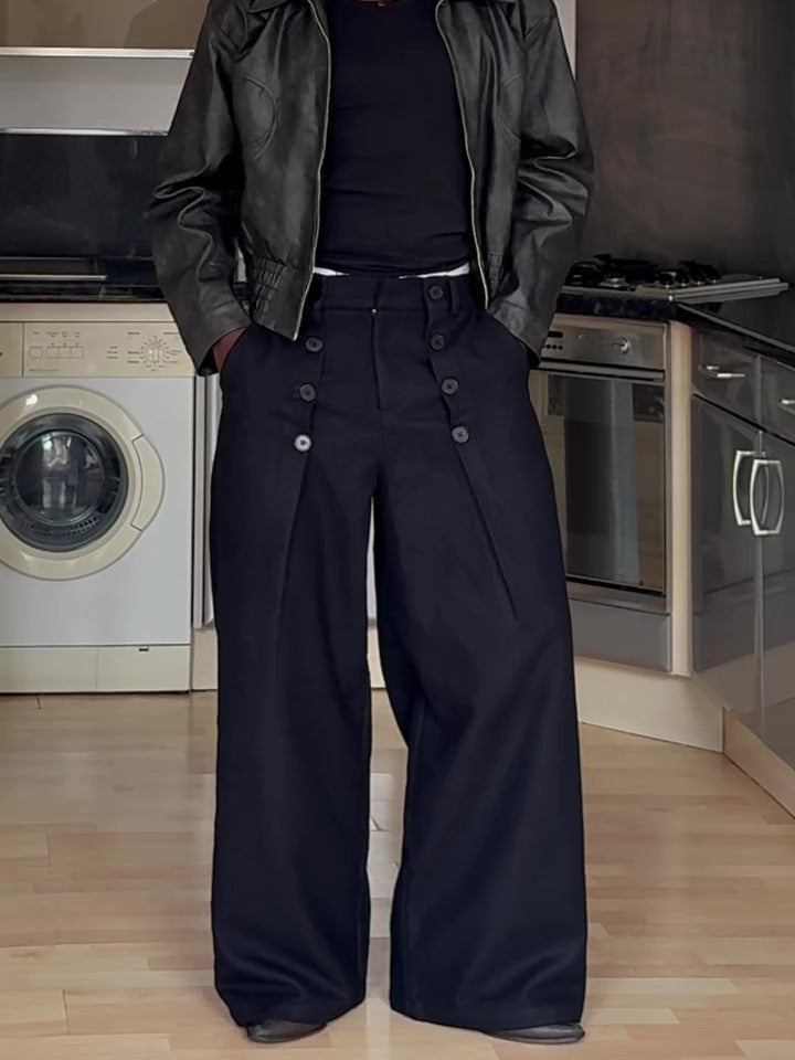 Black High-waisted Double-button Wide-Leg Pants
