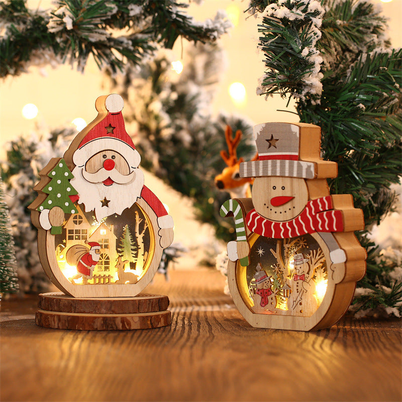Merry Christmas Gift LED Luminous Santa Claus Snowman Shape Wooden Ornaments