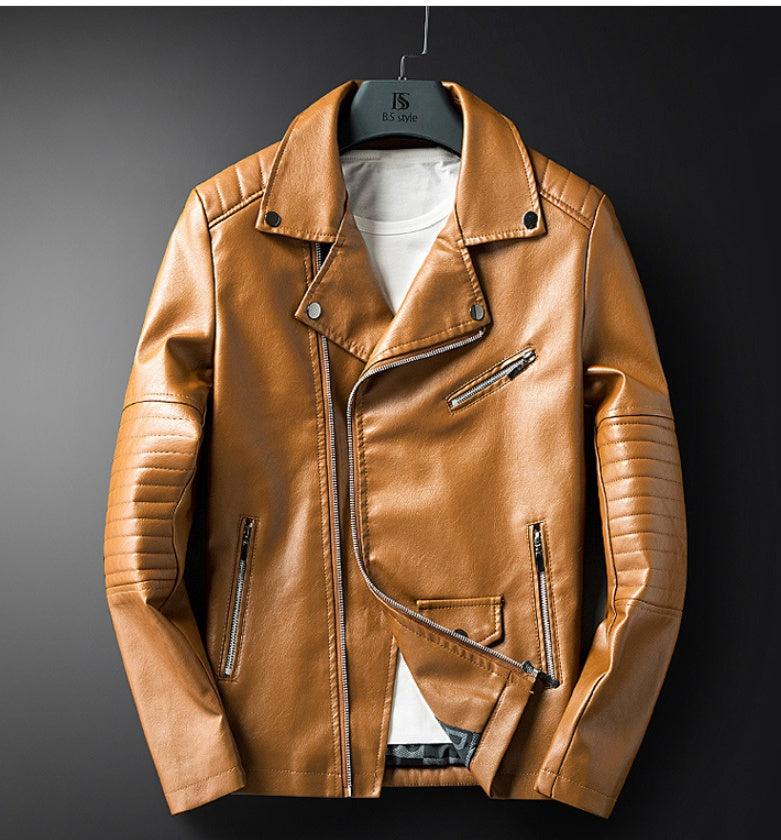 Urban Moto Washed PU Leather Jacket – Men’s Zipper Lapel, Spring & Autumn