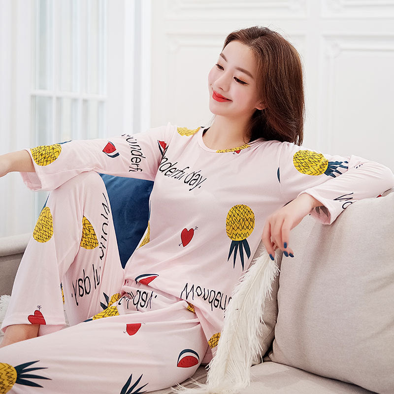 Round Neck Milk Silk Women's Long Sleeve Pajamas