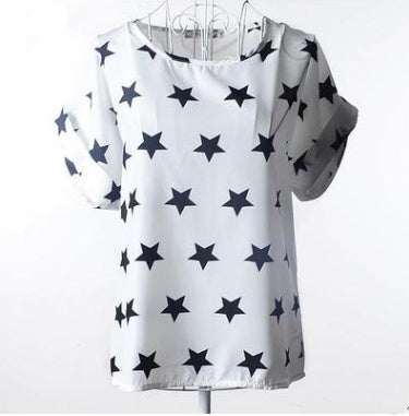 Women's Loose Star Print Chiffon T-Shirt – Casual Round Neck Blouse