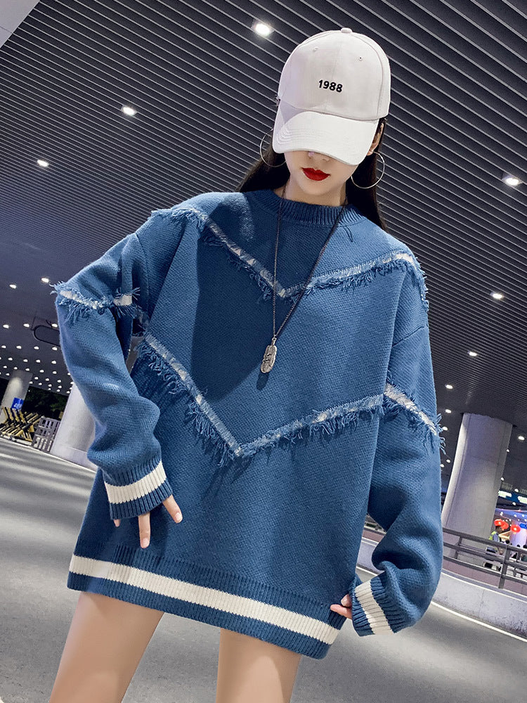 Fringed Stitching Sweater Women Round Neck Pullover