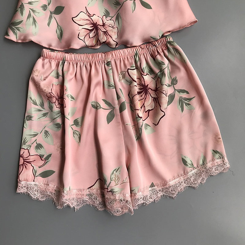 Two-Piece Silk Pajamas Set – Printed Satin Sleepwear for Women