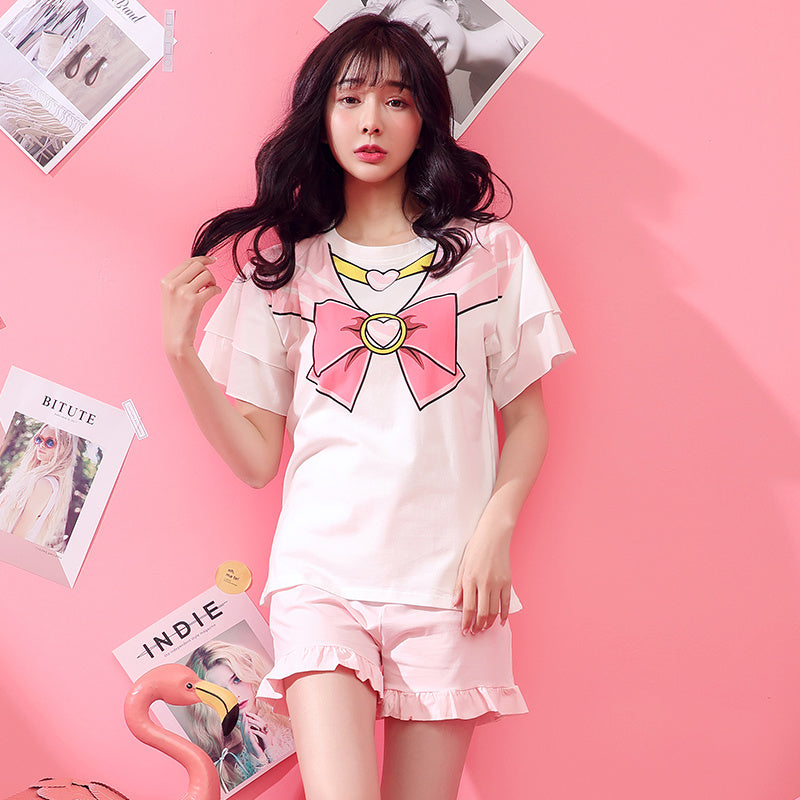 Pure cotton short sleeve cute ladies pajamas