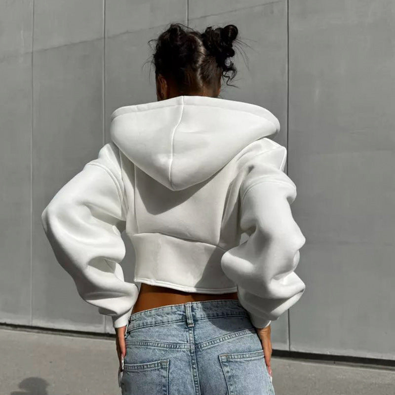 Slim Fit Zipper Hoodie Cardigan Womens Polyester Solid