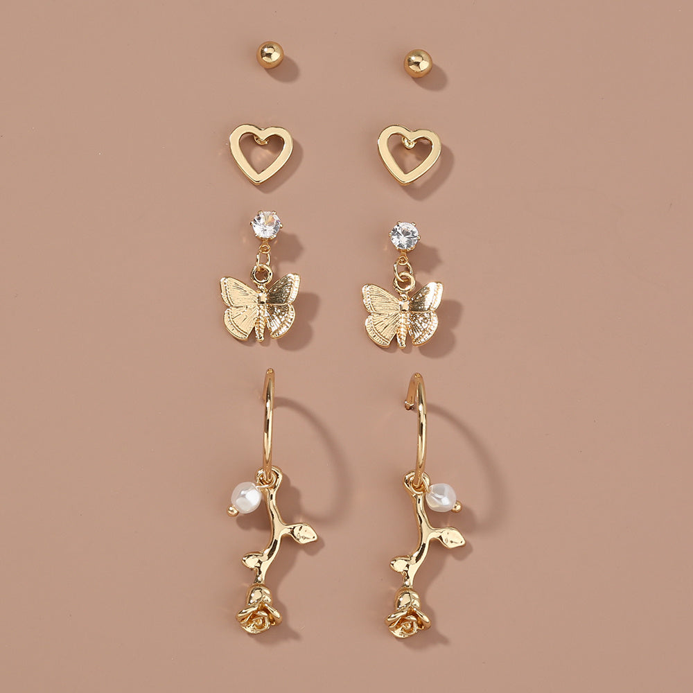 Butterfly rose 4-piece set earrings with studs