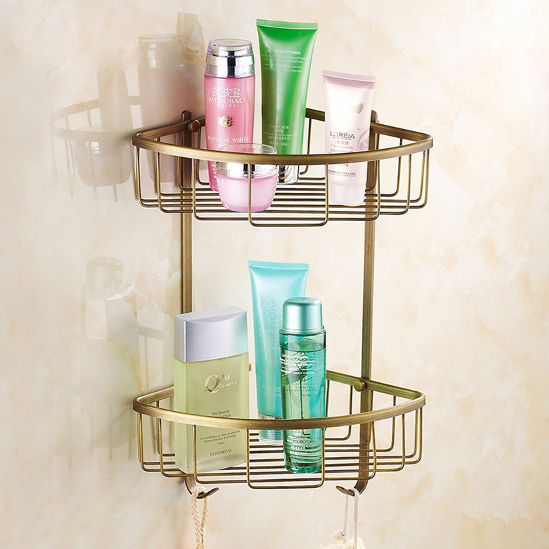 Copper Bathroom Corner Storage Basket – European Style Double Layer Wall-Mounted Organizer