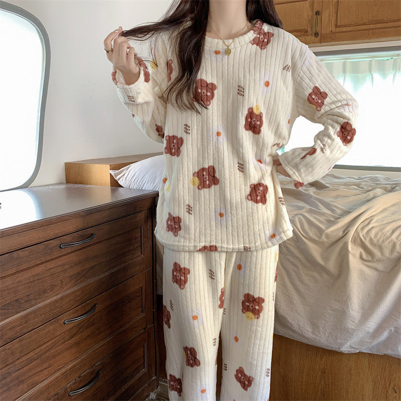Women's Coral Fleece Pajama Set Relaxed Fit Bear Print