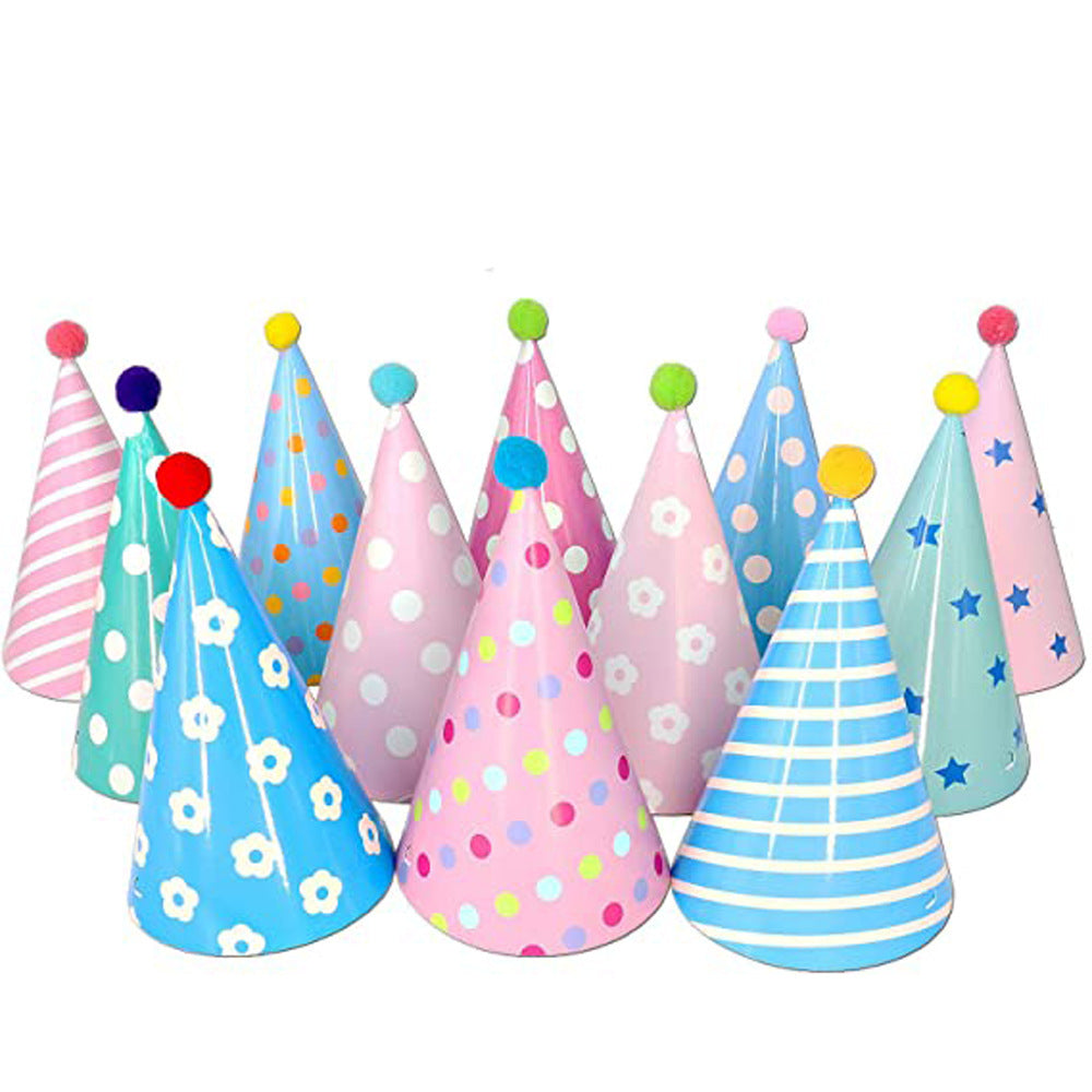 Set of 12 Colorful Paper Party Hats with Pompoms and Elastic Ropes