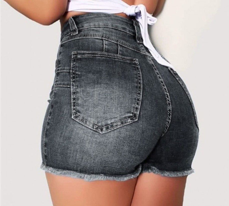 Women’s Stretch Slim Ripped Tassel Denim Shorts – Frayed Hem, Figure-Hugging