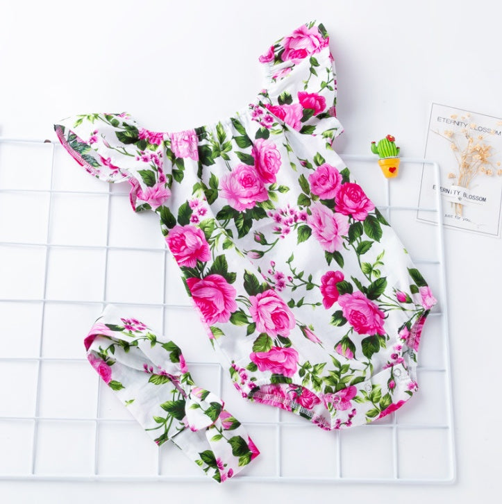 Cotton Baby Romper – Printed Infant Bodysuit with Small Flying Sleeves