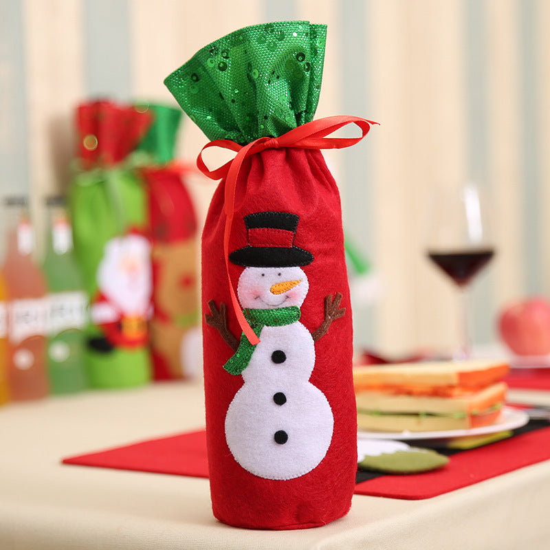 Sequin Embroidered Wine Bottle Bag with Snowman and Deer Design