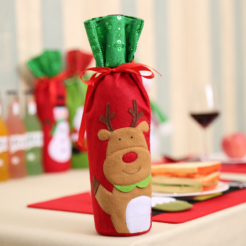 Sequin Embroidered Wine Bottle Bag with Snowman and Deer Design