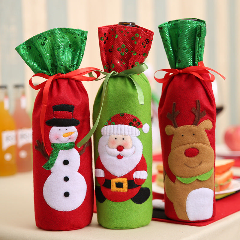 Sequin Embroidered Wine Bottle Bag with Snowman and Deer Design