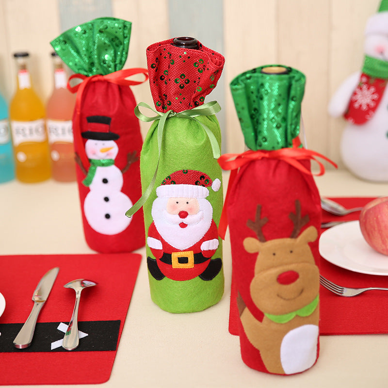 Sequin Embroidered Wine Bottle Bag with Snowman and Deer Design