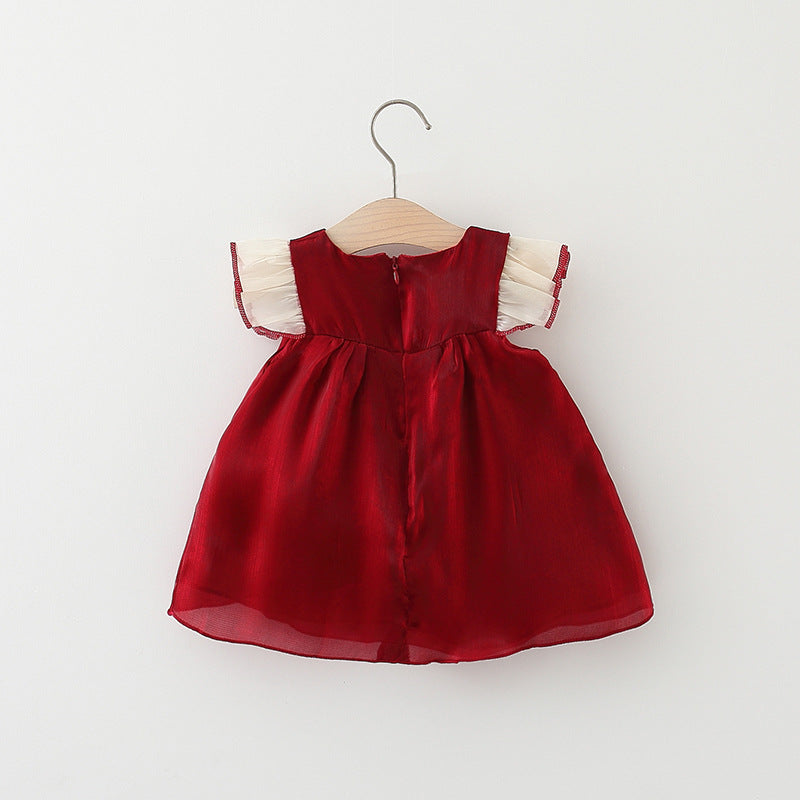 Summer Solid Color Twilight Yarn Korean Style Color-blocking Bow Flounced Sleeve Princess Dress