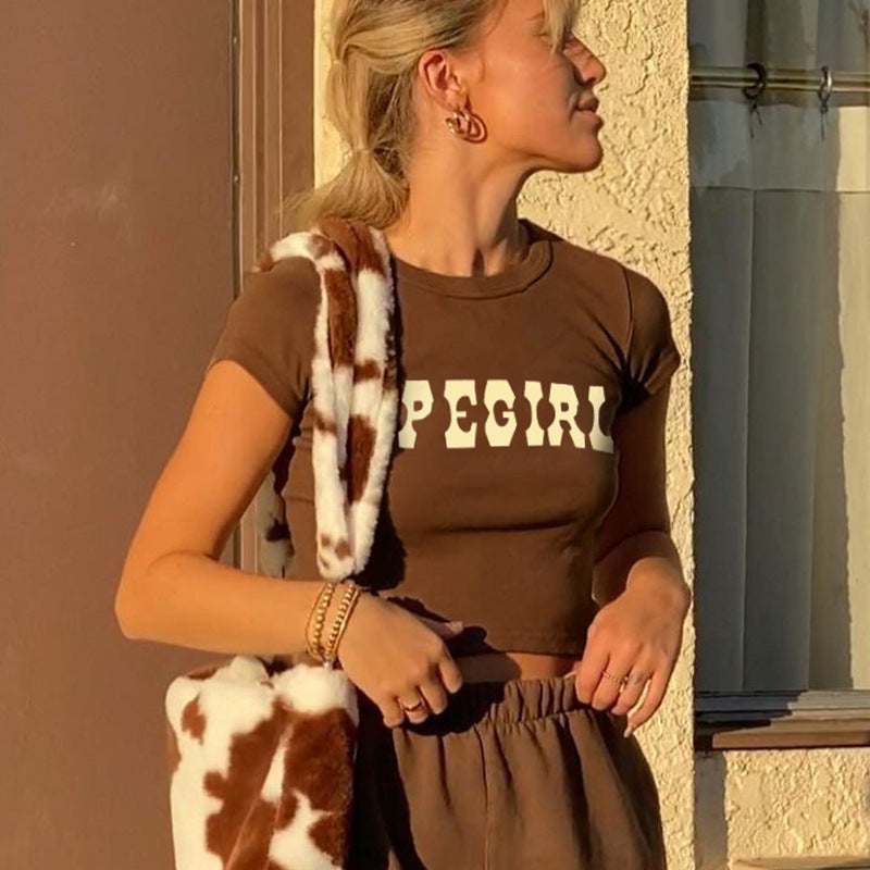 Vintage Brown Letter Print Bottoming Casual Crop Top