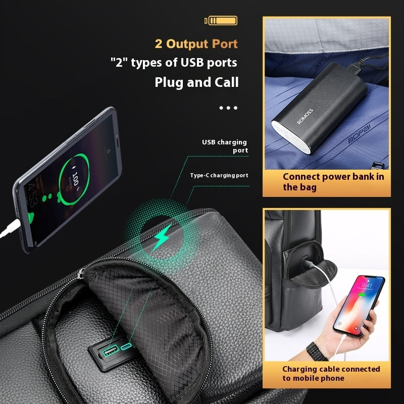 Men's Leather Backpack Solid Color Business Bag USB Port