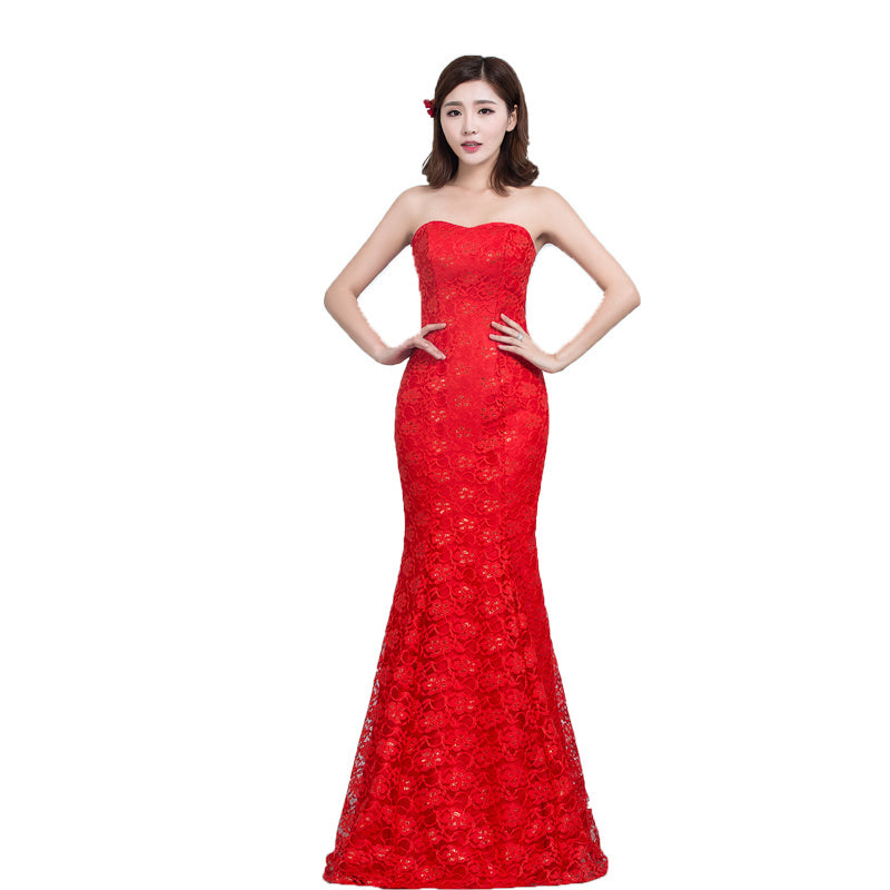 Sequined Lace Waist Fishtail Wedding Dress with Tube Top and Strap Back