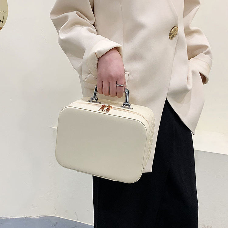 Cosmetic Bag with Mirror – Rhombus Embroidery Double-Layer Storage Caseesign Fashion Rhombus-Embroidery Double-layer Suitcase Large Capacity Make-up Storage Bags For Women