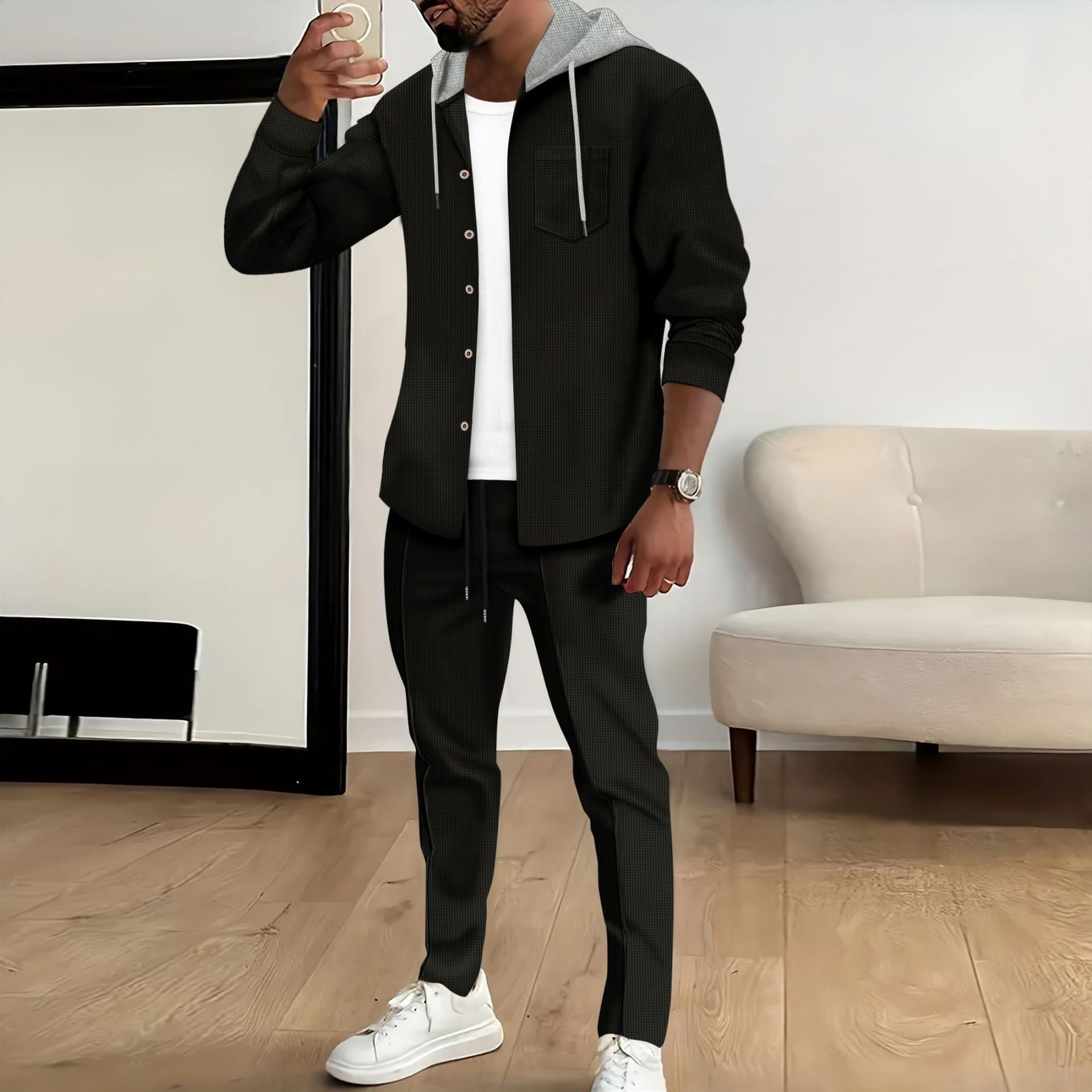 Men's Casual Hooded Color Block Long Sleeve Cardigan Jacket Trousers Suit