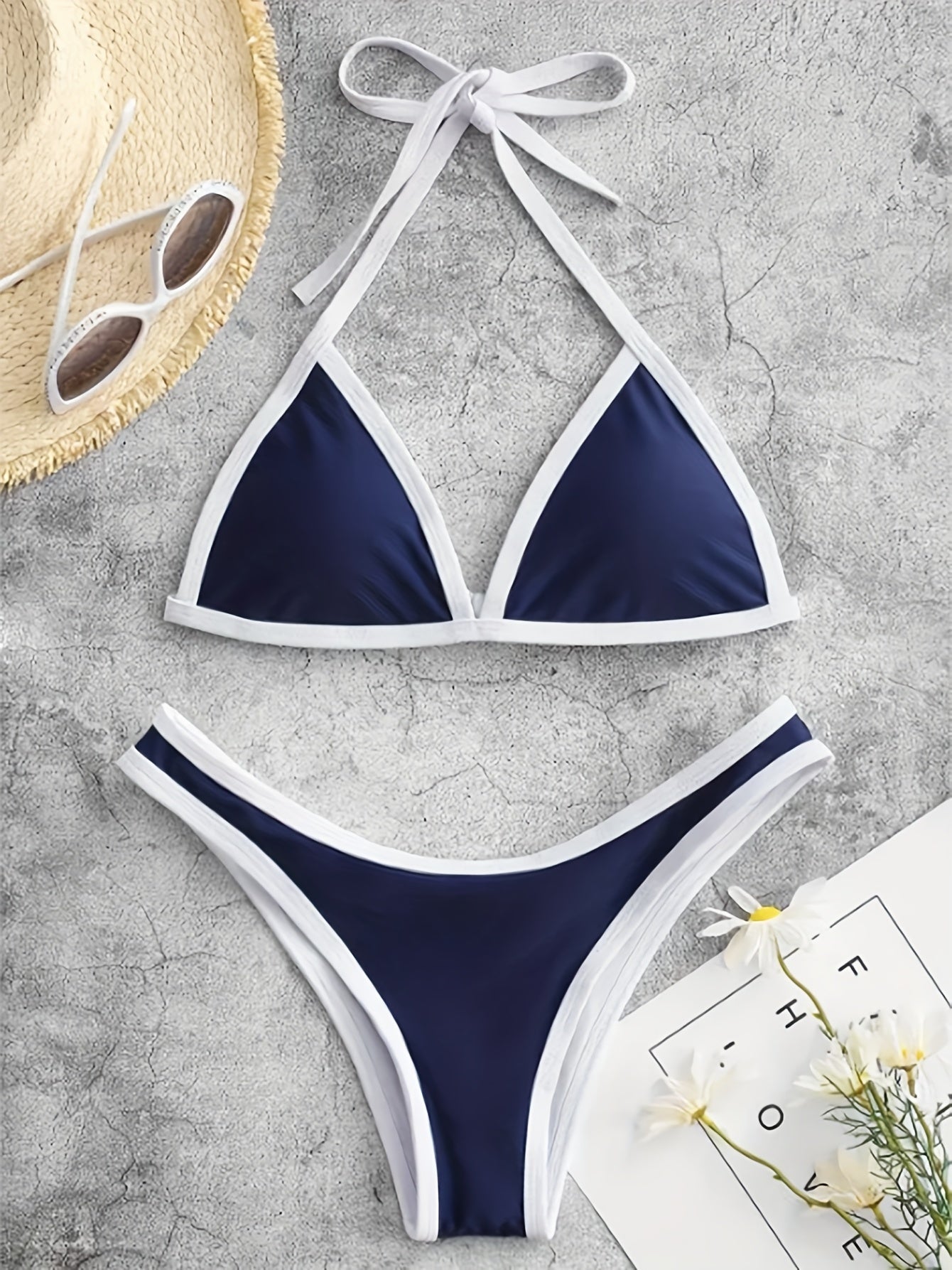 Retro Dark Blue Polyester Swimsuit Set – Stylish & Comfortable